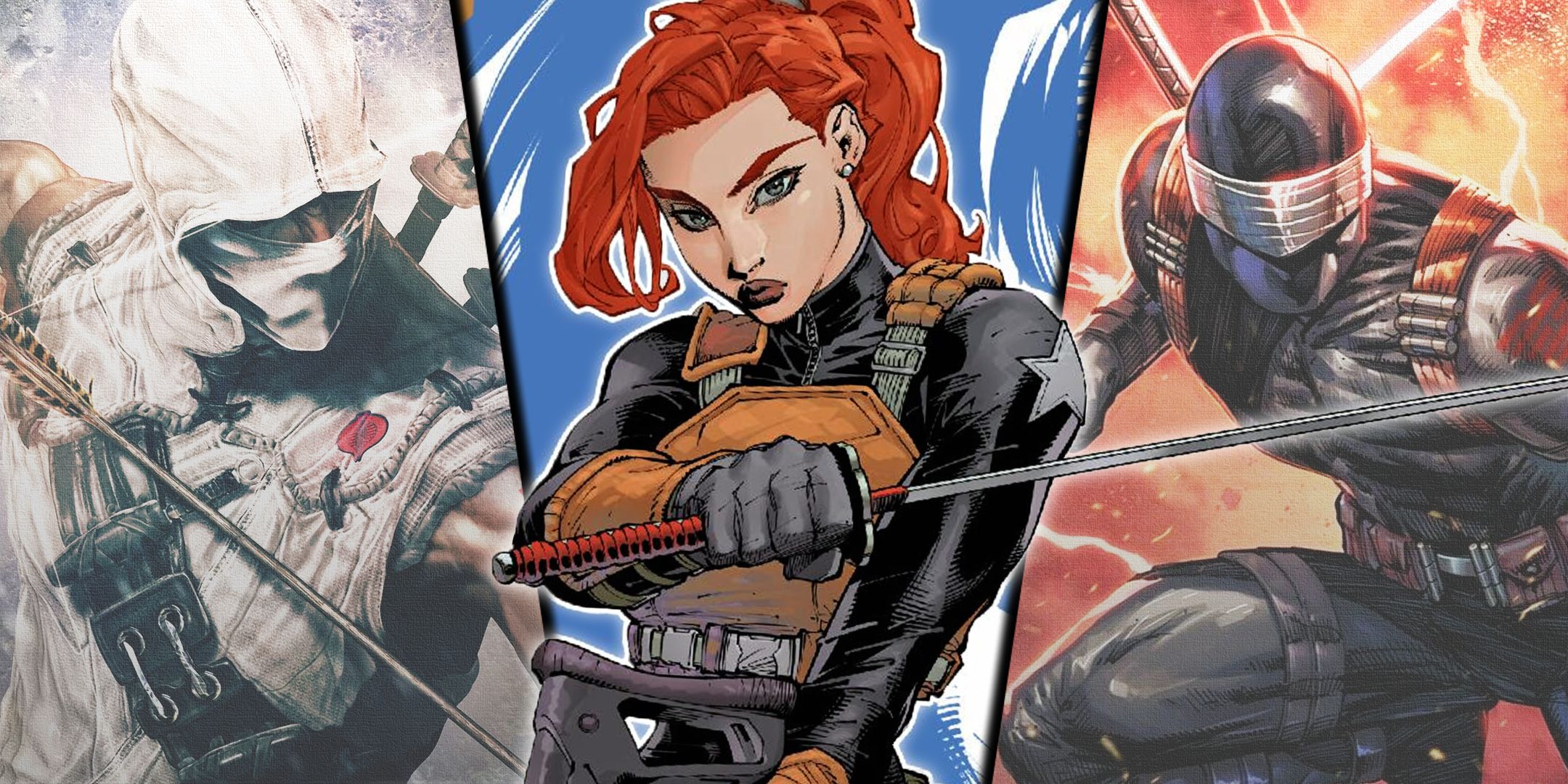 Split image of Storm Shadow, Scarlett and Snake Eyes from G.I. Joe comics