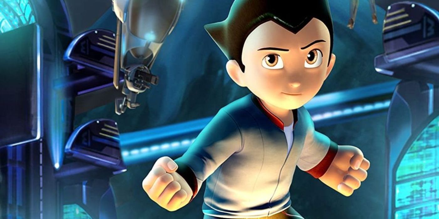 Astro Boy parece pronto para lutar em um laboratório no filme de 2009 de mesmo nome.