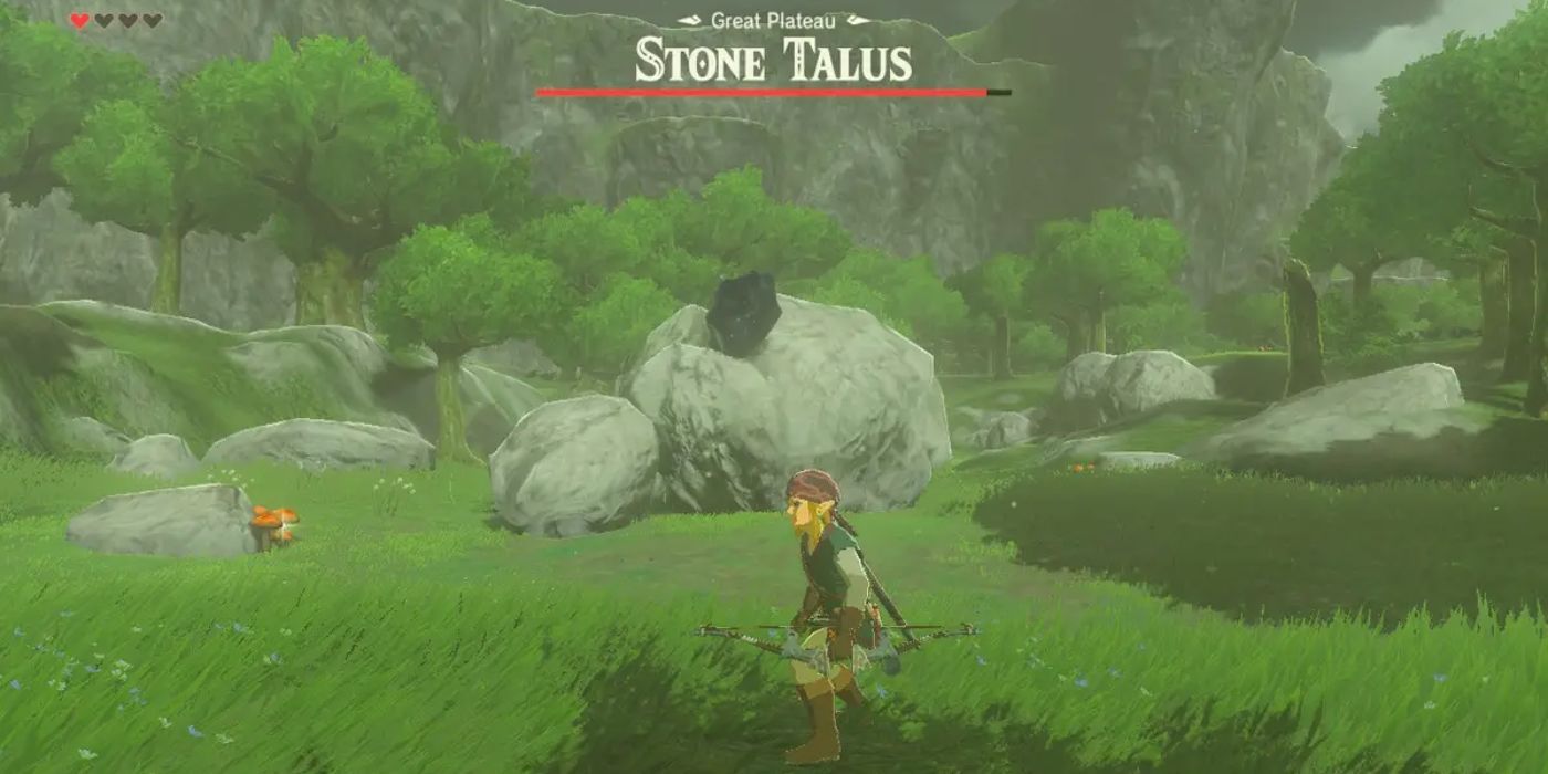 Link corre de un Stone Talus en Breath of the Wild.