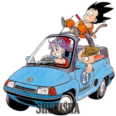 Bulma de Dragon Ball dirige sua cápsula azul. carro com Goku e Oolong atrás