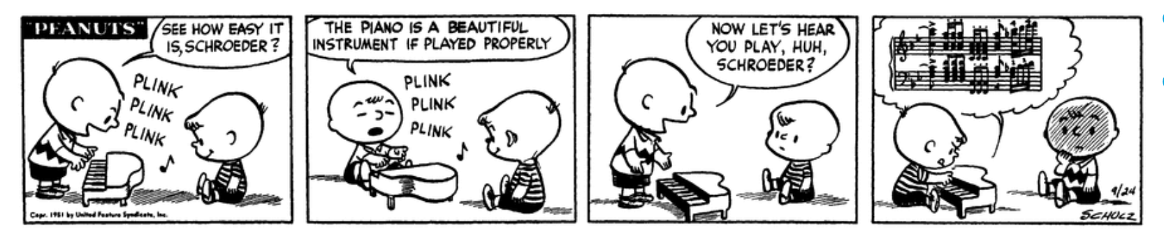 Schroeder é apresentado ao piano por Charlie Brown.