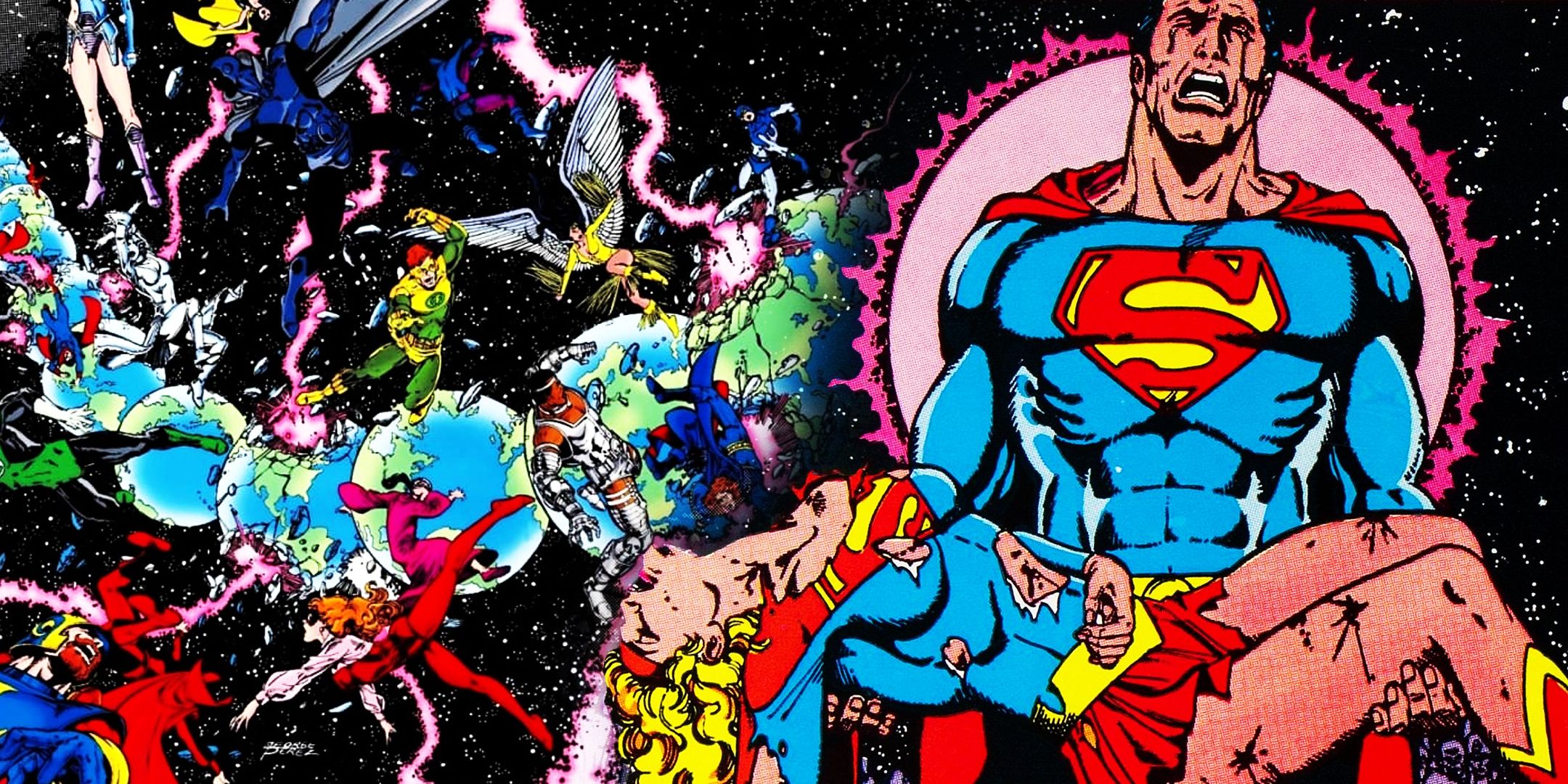 Superman mourning Supergirl as worlds collide during Crisis on Infinite Earths