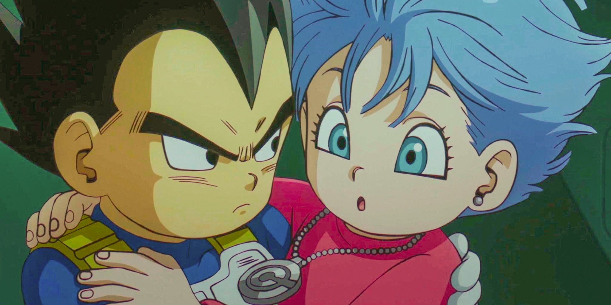 Vegeta carrega Bulma para fora do avião em Dragon Ball DAIMA