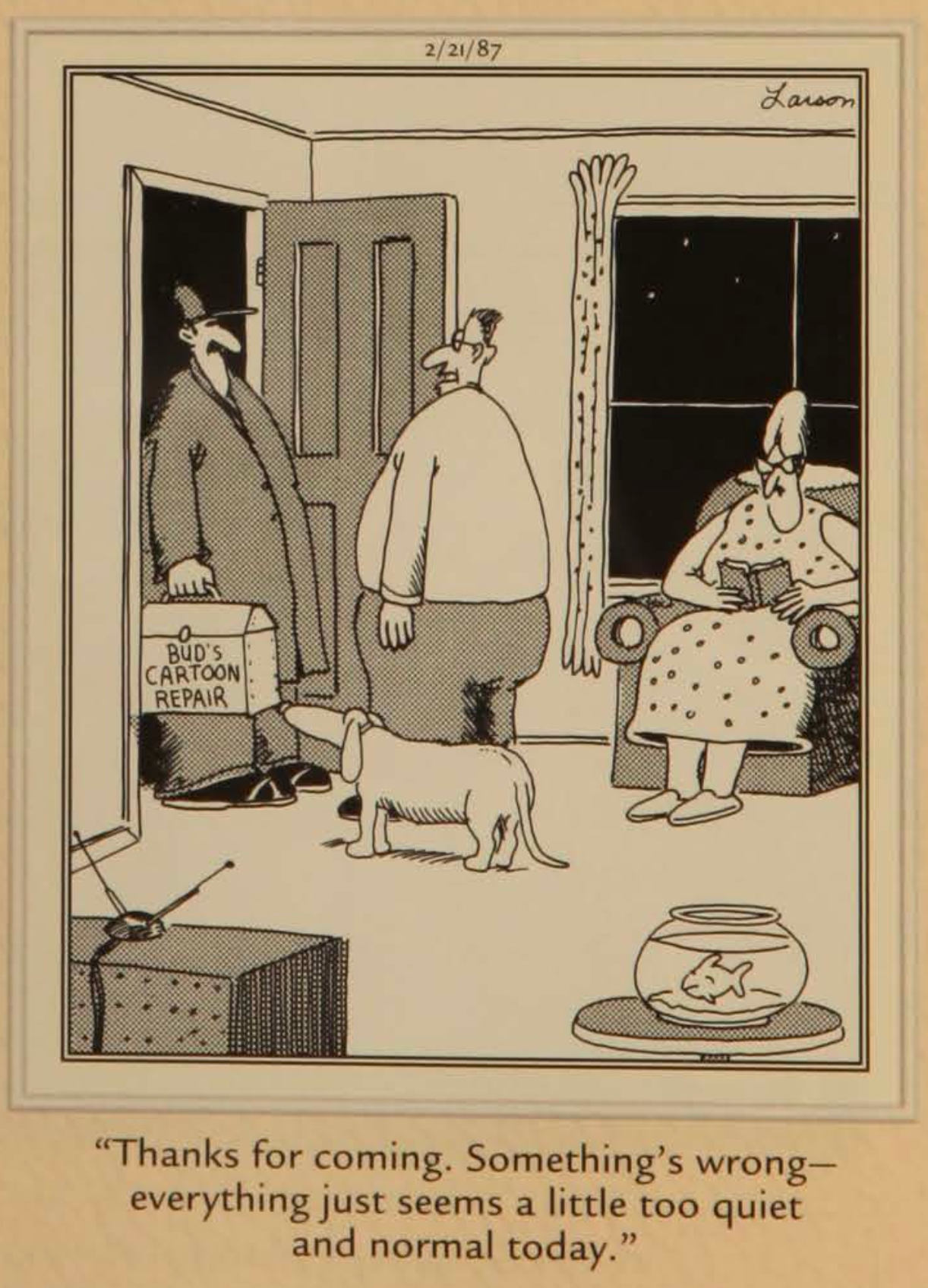 A man calls Bud's Cartoon Repair when his panel is a little too calm.