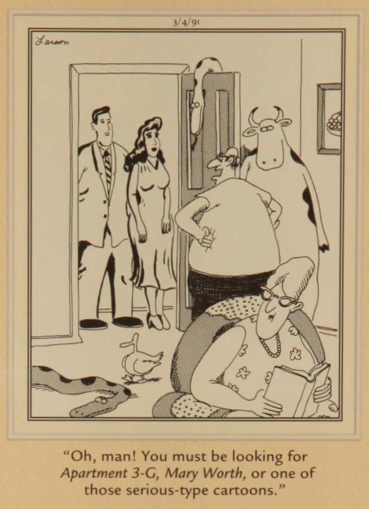 Characters from other comics appear at the door of Far Side characters.