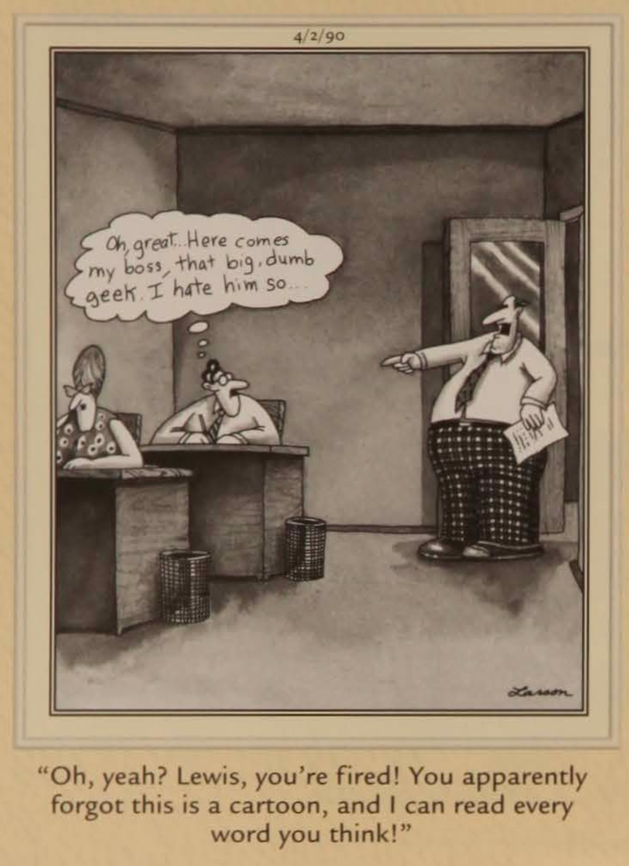 A man thinks his boss is dumb but his boss can read his thought bubble.