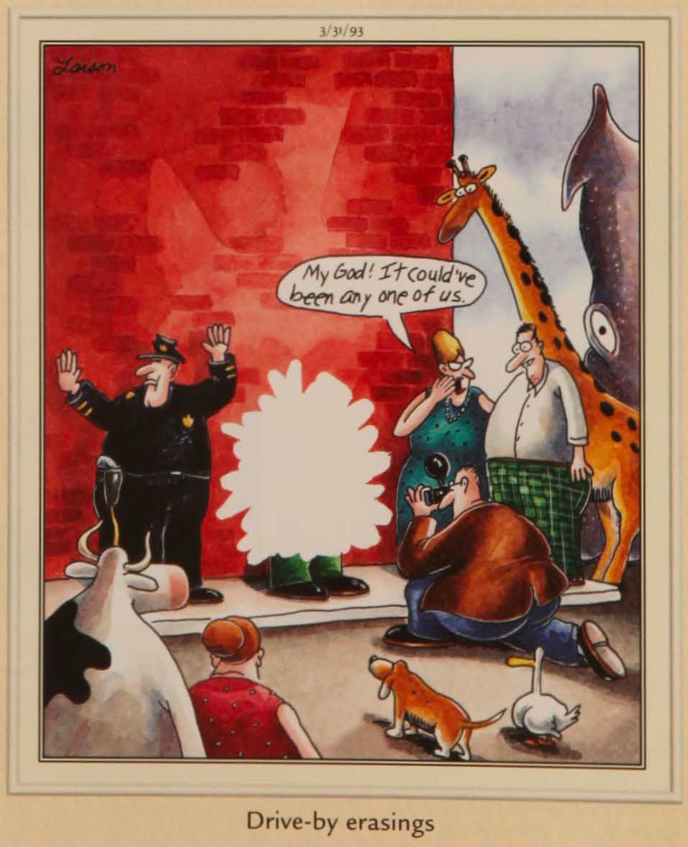 A crime scene shows a 'drive-by erasing' with a man as nothing but a stain.