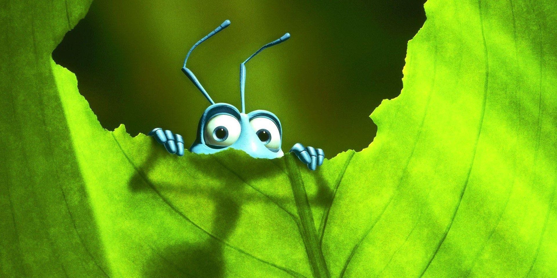 Flik is peering from over the leaf.