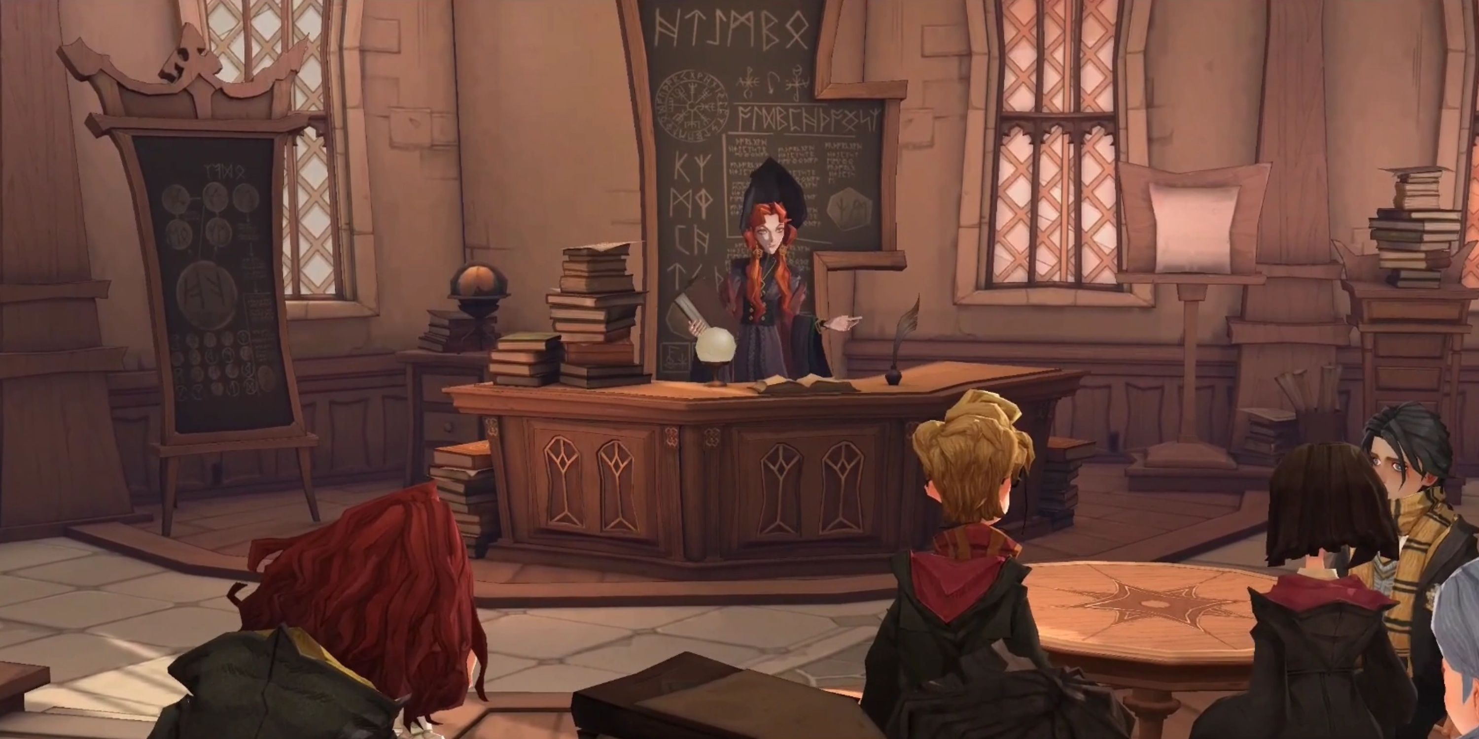 Uma aula de runas antigas em um jogo de Harry Potter