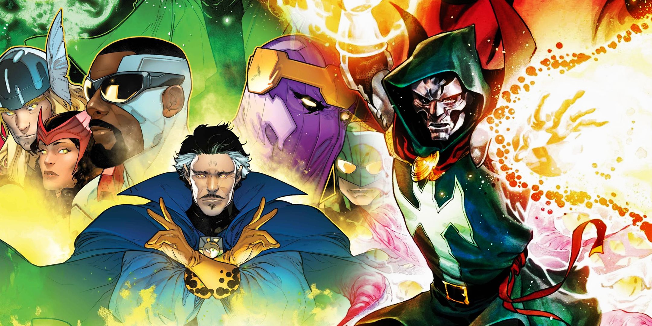 Split image of Doctor Doom and other Marvel characters from One World Under Doom