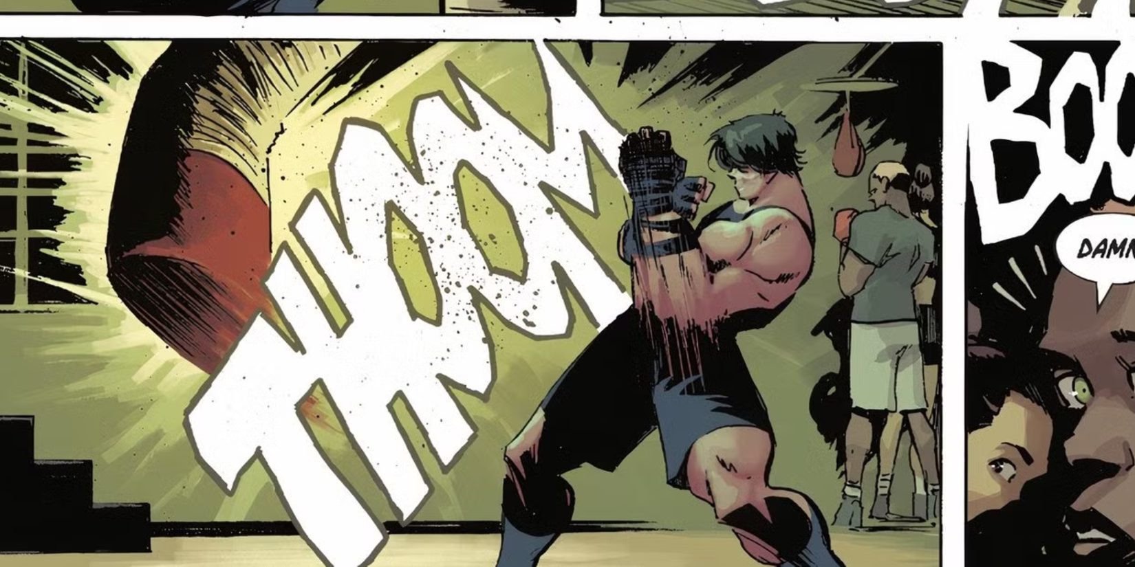 Absolute Bruce Wayne destroying a punching bag with his punch.