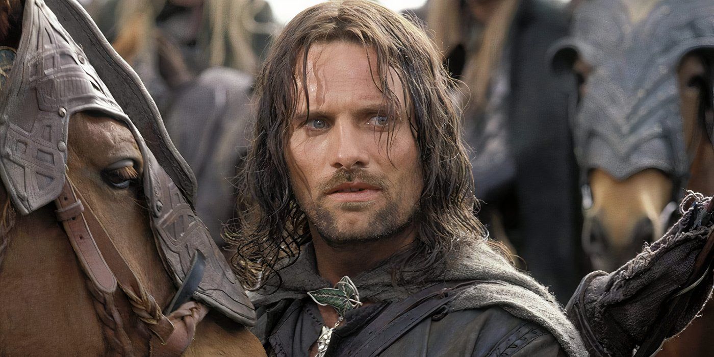 Aragorn chega ao campo de batalha e se prepara para lutar contra o inimigo em O Senhor dos Anéis