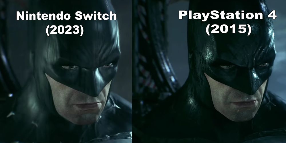 Uma imagem dividida de Batman olhando para Gotham em Batman: Arkham Knight comparando as versões Nintendo Switch e PlayStation 4.