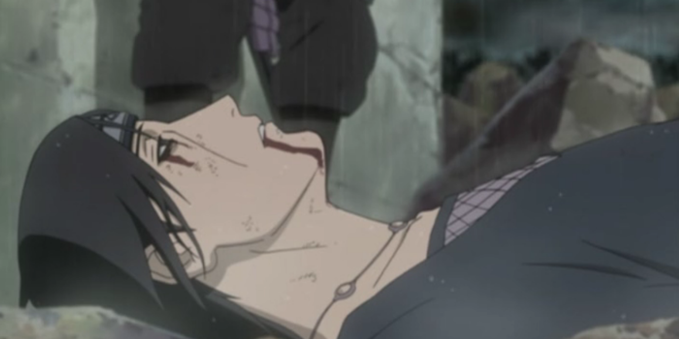 Blood drips from Itachi Uchiha's eyes and mouth as he dies in Naruto: Shippuden.