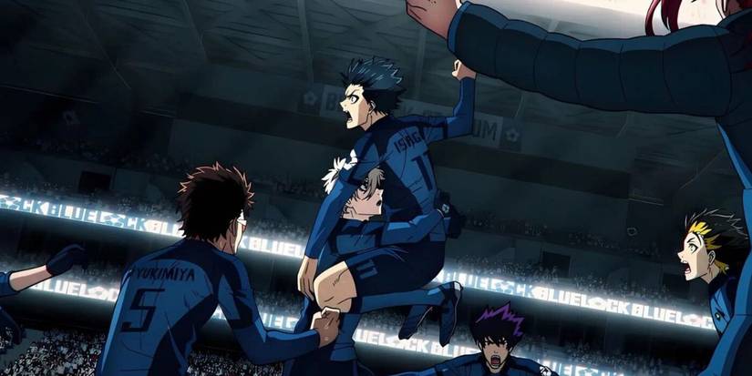 Isagi scores a goal and is celebrating with his team in Blue Lock Season 2, Episode 14.