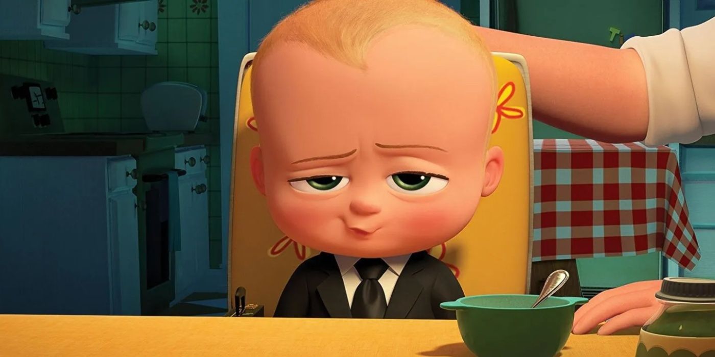 Boss Baby ainda apresenta o personagem titular sorrindo em sua cadeira alta.