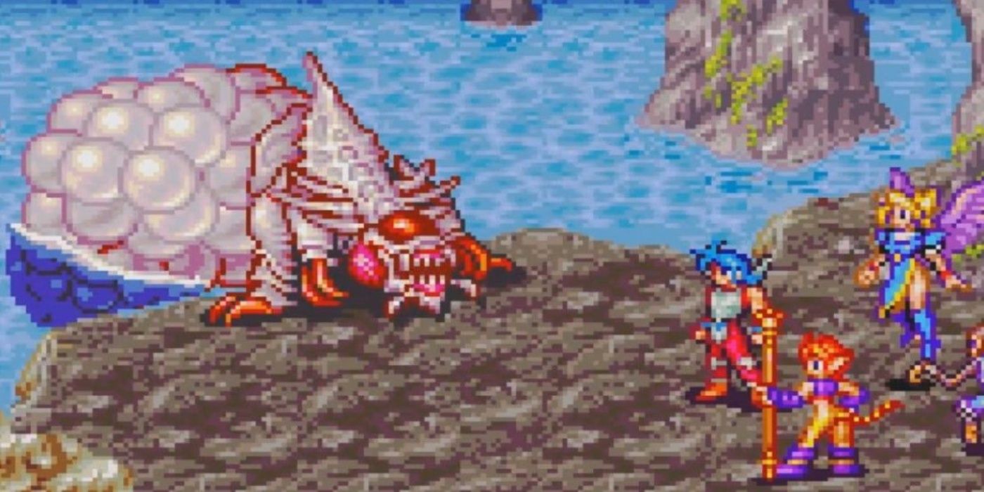 Breath of Fire 2'deki Terapin patronuna karşı savaşan parti.