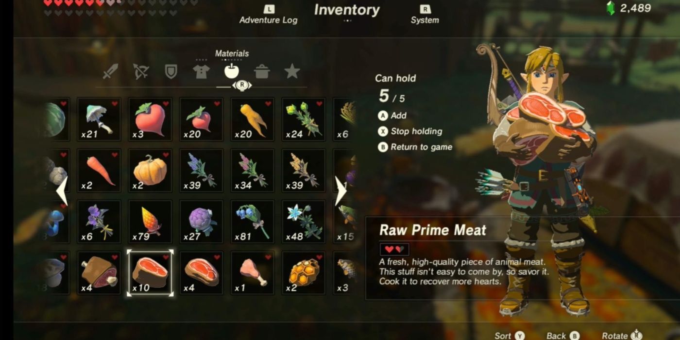 Link segurando carne para cozinhar em The Legend of Zelda: Breath of the Wild.