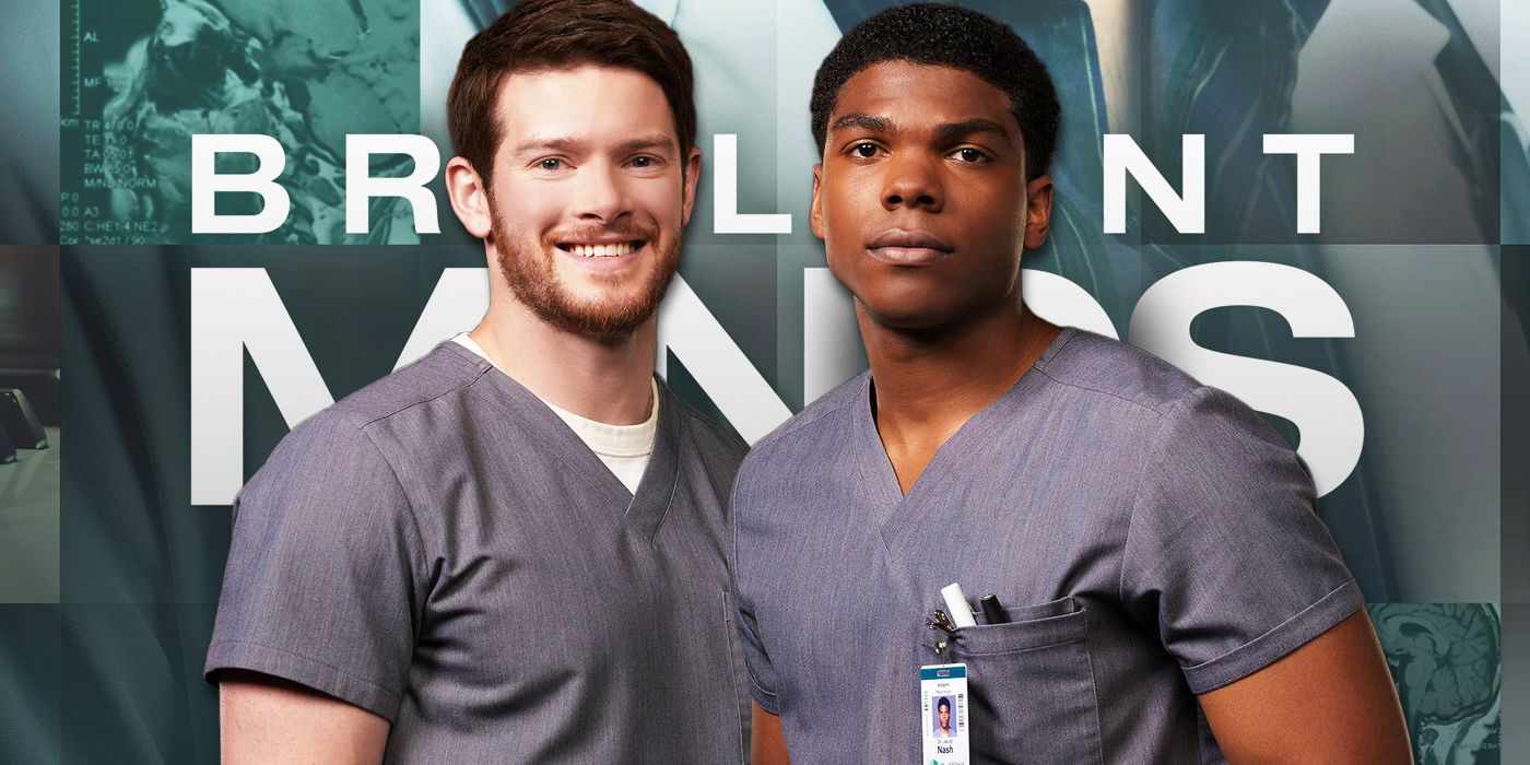Van (Alex MacNicoll) and Jacob (Spence Moore II) wearing grey scrubs with Brilliant Minds logo