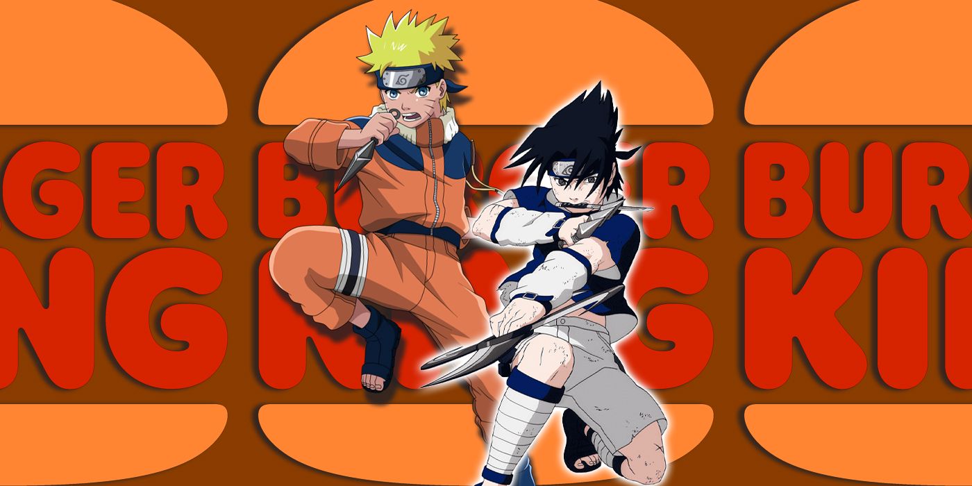 Naruto and Sasuke in front of the Burger King logo.