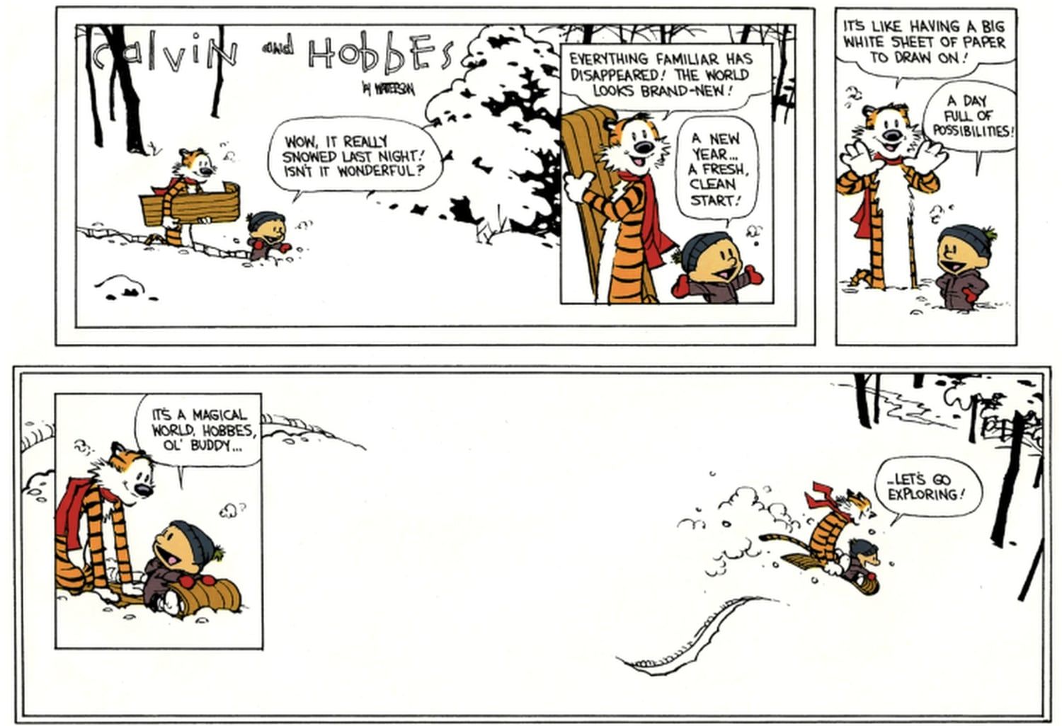 A faixa final de Calvin e Hobbes ridiculariza na neve.