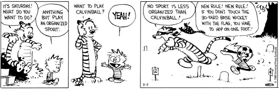 Calvin e Hobbes jogando Calvinball pela primeira vez nos quadrinhos