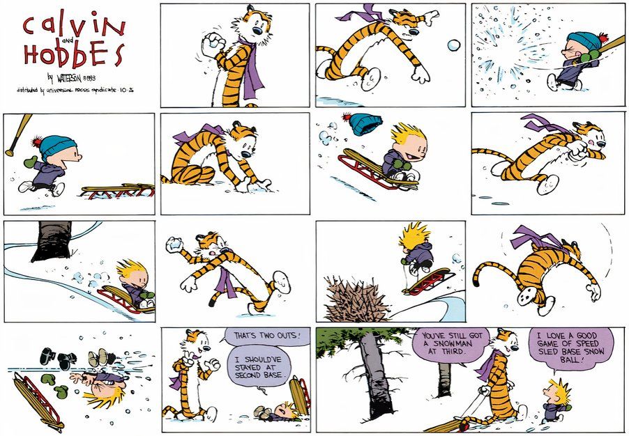 Nesta coloração de quadrinhos de domingo, Calvin e Hobbes jogam Speed ​​Sled Base Snow Ball, combinando trenós e beisebol em um jogo