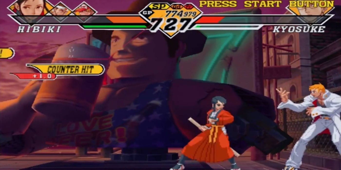 Capcom vs. Jogabilidade SNK com Hibiki contra Kyosuke.