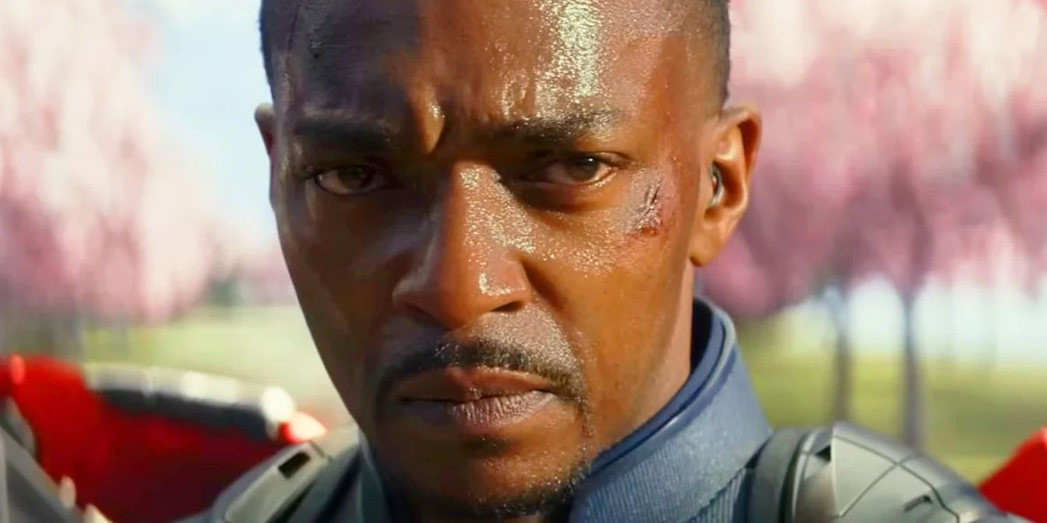 A close-up shot of Anthony Mackie as Sam Wilson/Captain America in Brave New World.