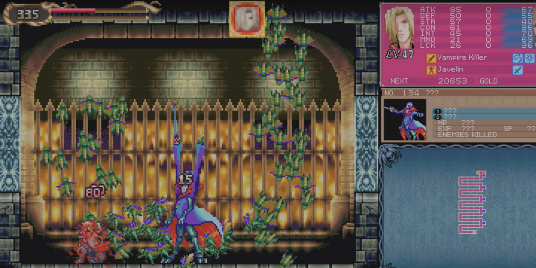 Abaddon comanda um enxame de gafanhotos para atacar Jonathan em Castlevania: Retrato of Ruin.