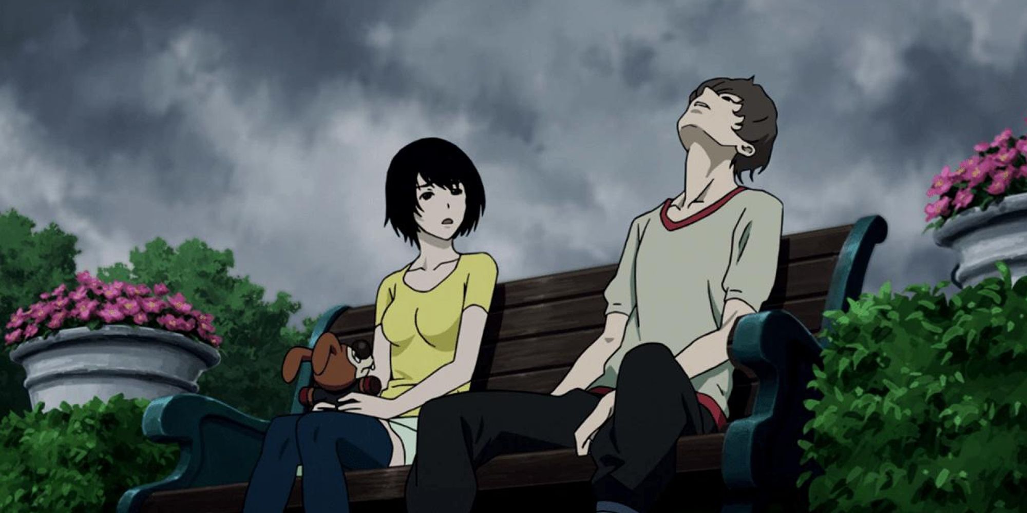 Characters from Terror in Resonance sitting on a bench against a dark sky