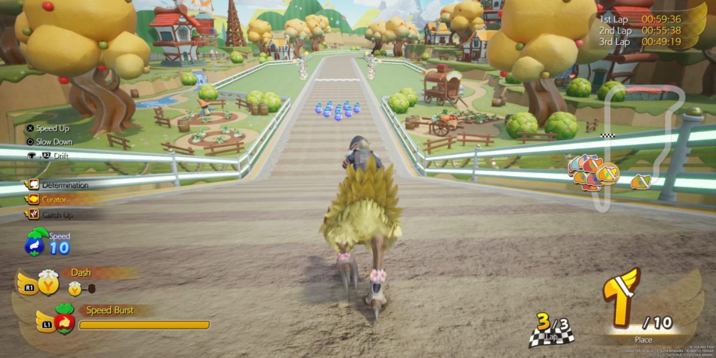 Cloud em primeiro lugar durante uma Chocobo Race em Final Fantasy VII Rebirth