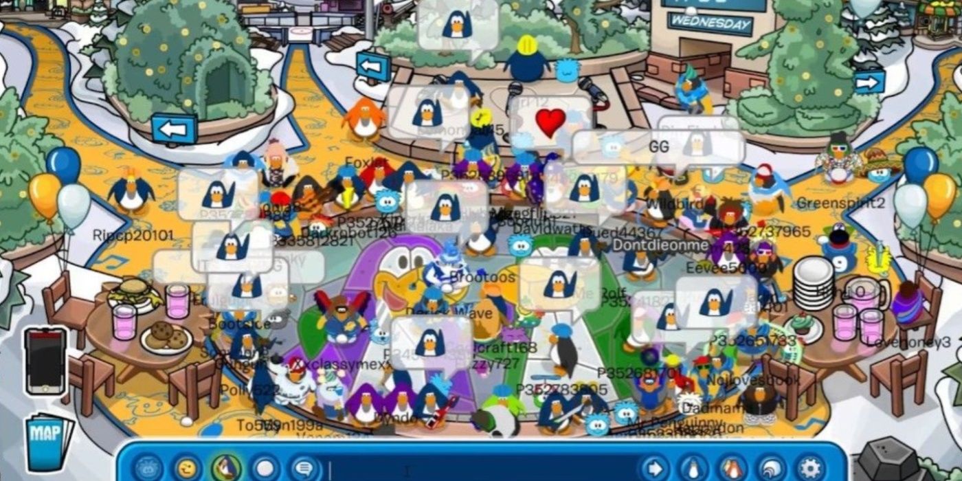 Uma multidão de jogadores no clube Penguin se reunindo para os momentos finais do jogo.