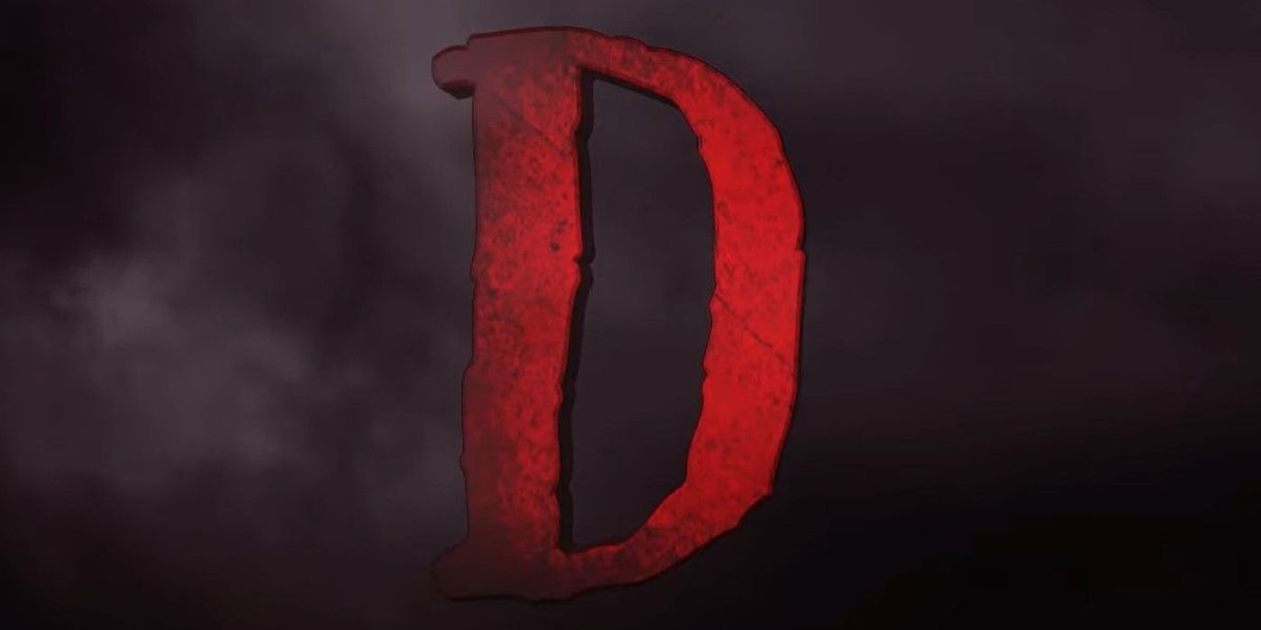 O logotipo vermelho “D” de D: The Game está emergindo da neblina no trailer do Steam ReRelease.