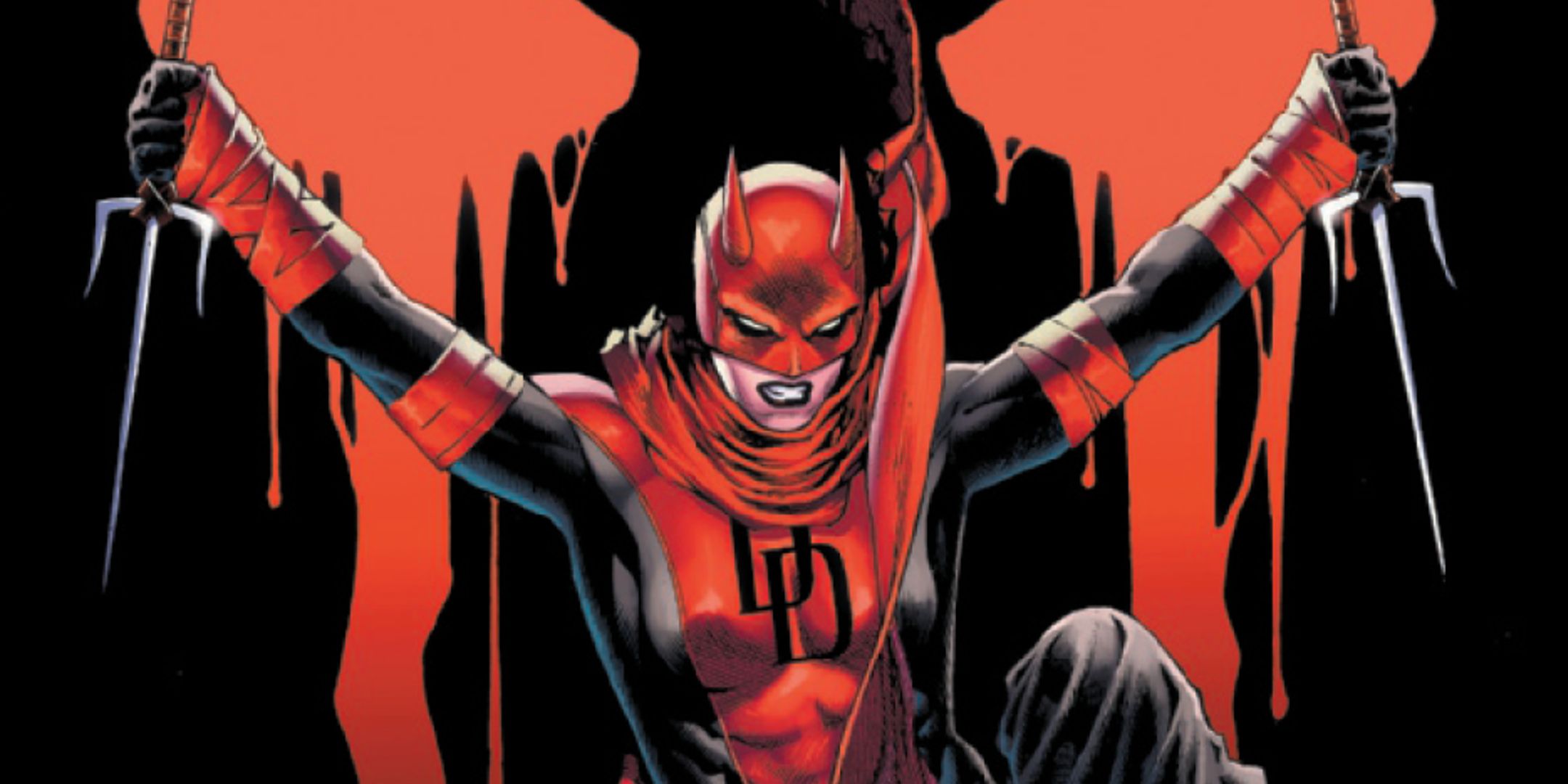 Elektra stands in front of blood dripping on the cover of Daredevil: Unleash Hell.