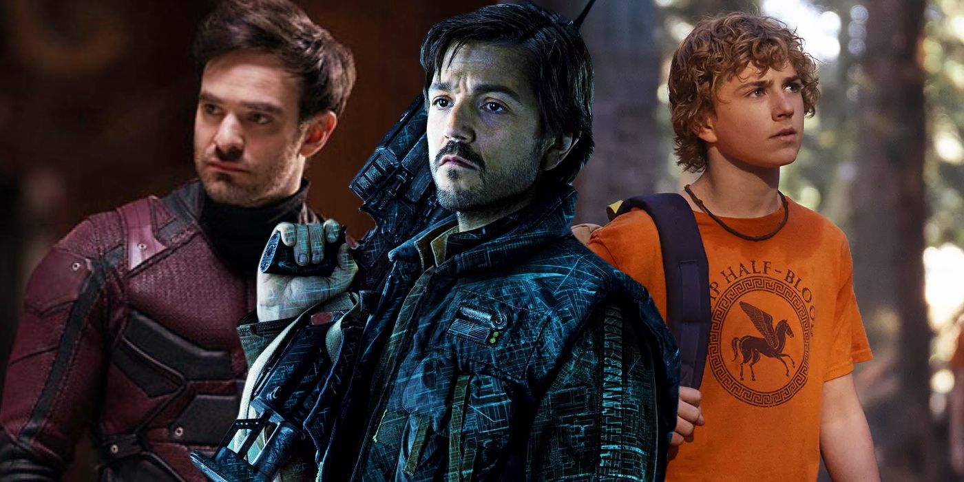 Split: Daredevil (Charlie Cox), Cassian Andor (Diego Luna), and Percy Jackson (Walker Scobell) stand together