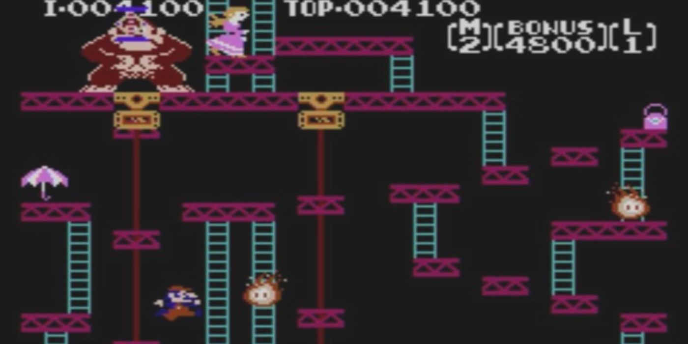 Jump Man, hareketli bir platformdan statik bir platforma atlarken, Donkey Kong, NES için Donkey Kong'da kaçırılan Pauline ile birlikte katın tepesinde oturuyor.