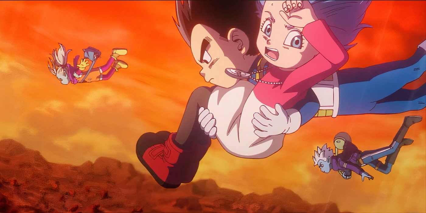 Vegeta e companhia voam pelo primeiro mundo demoníaco no Dragon Ball Daima Episódio 14.