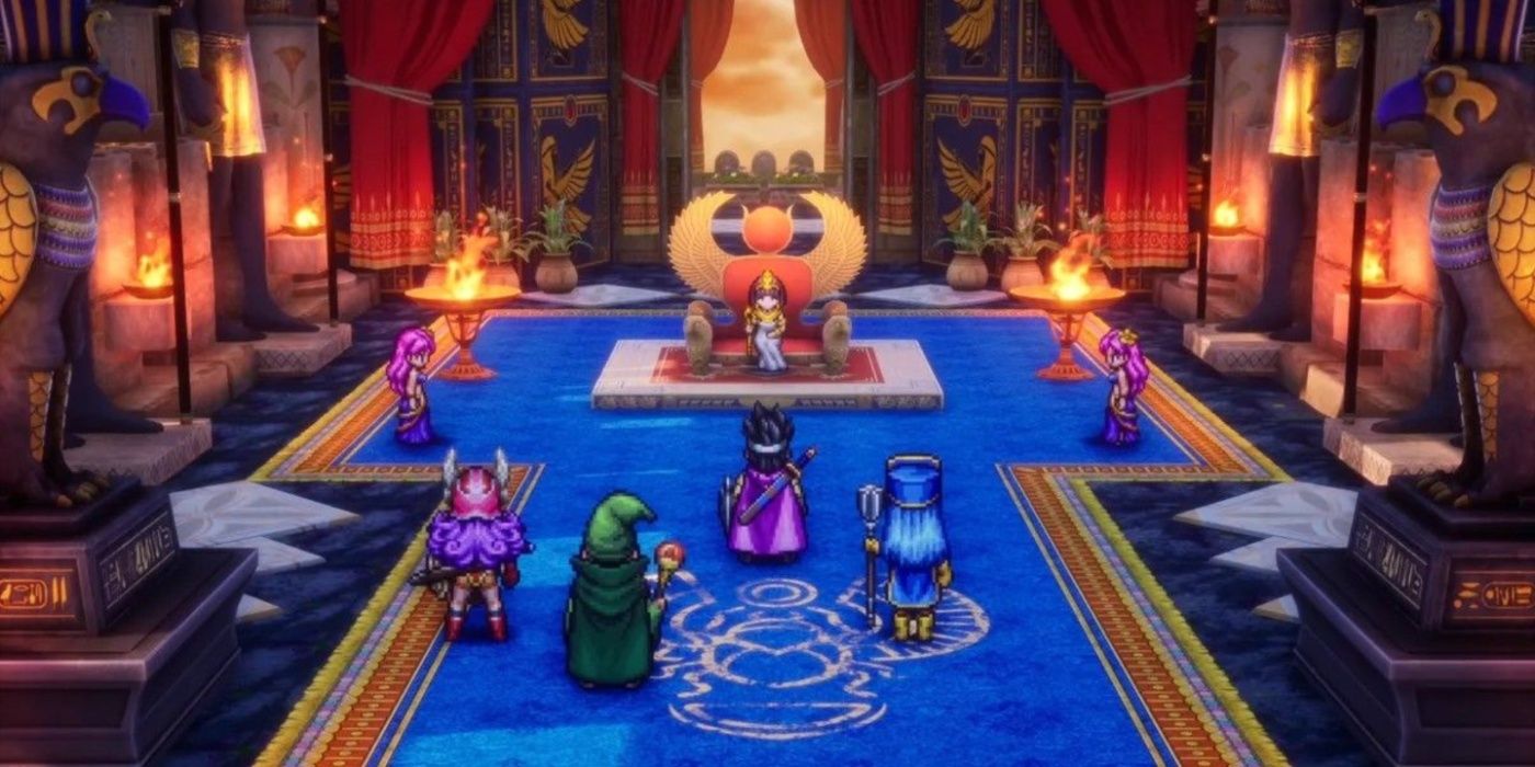 A festa principal de Dragon Quest III HD-2D Remake em uma sala do trono.