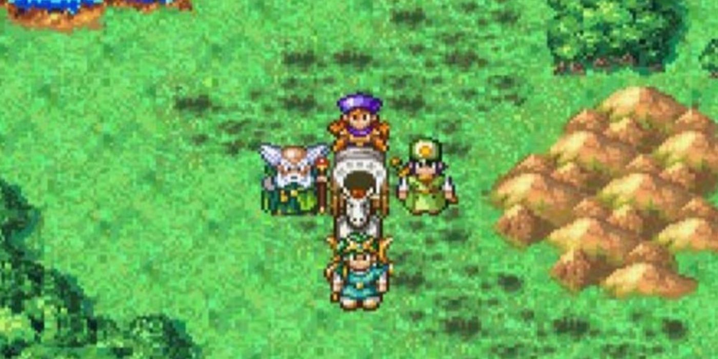 O grupo de Dragon Quest IV reuniu-se em torno de uma carruagem puxada por cavalos.