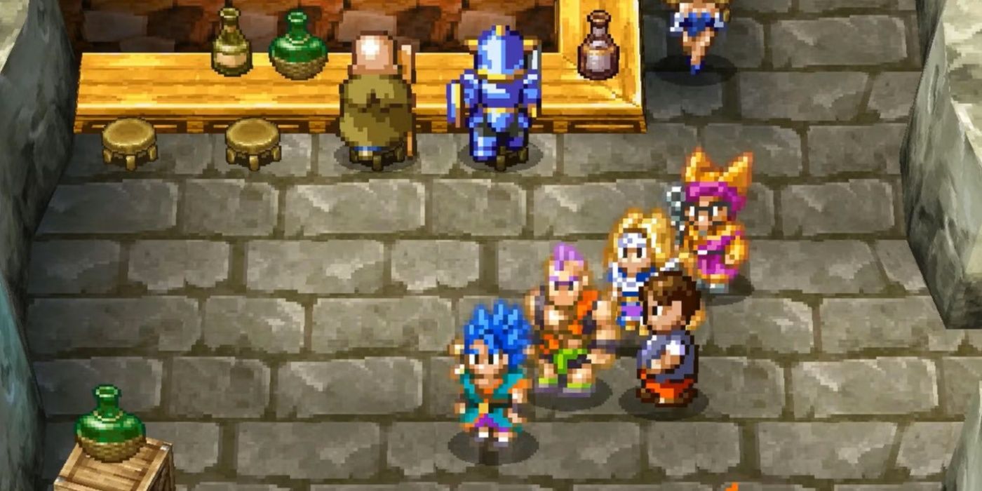 Jogabilidade de Dragon Quest VI com festa em um bar.