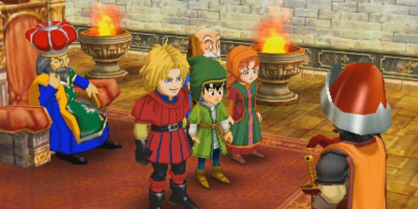 O remake 3DS de Dragon Quest VII retratando a festa em uma sala do trono real.