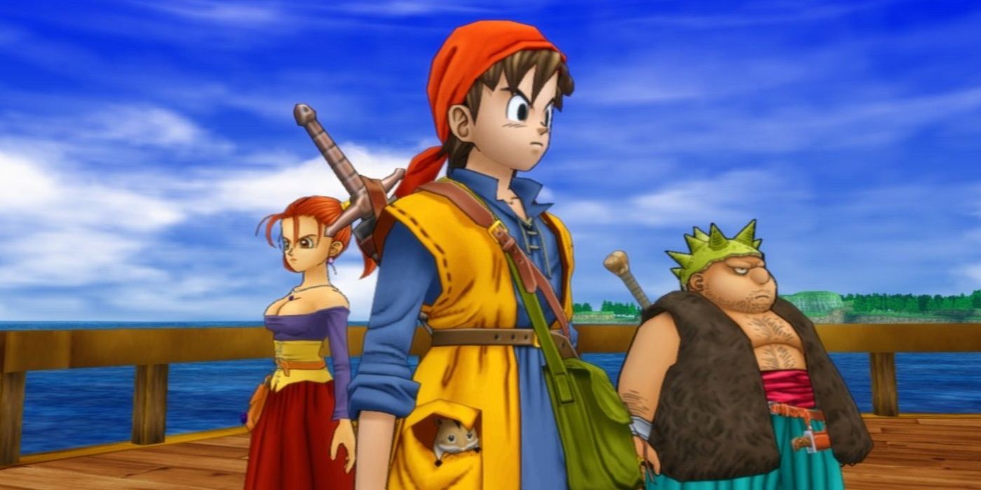 O herói de Dragon Quest VIII com seu grupo em uma doca.