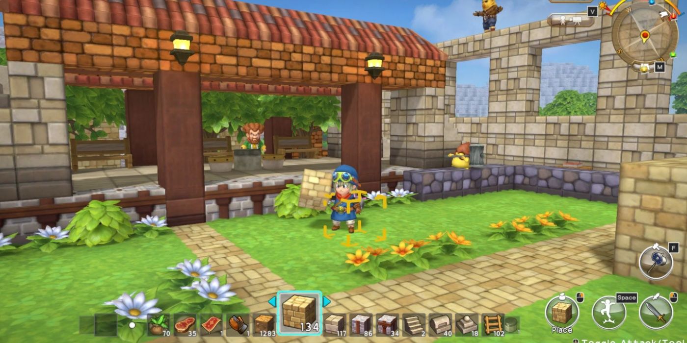 O herói de Dragon Quest Builders construindo um acampamento.