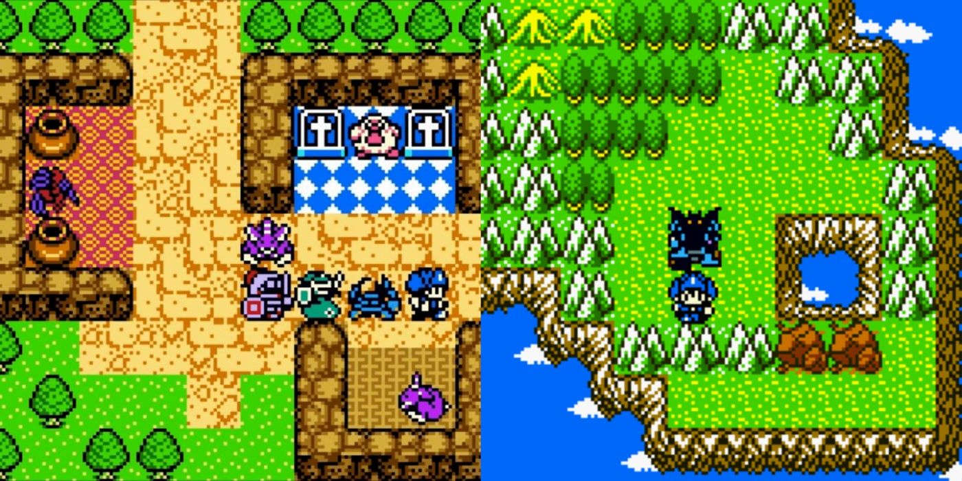 Uma imagem dividida da jogabilidade de Dragon Quest Monsters 2 com o jogador atravessando o mundo com monstros.