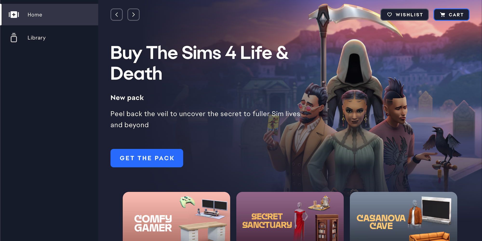 Página inicial da EA App mostrando o Sims 4 e alguns pacotes de expansão