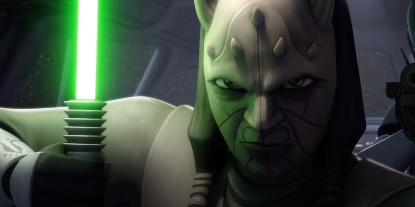 Eeth Koth abre seu sabre de luz verde em Guerra nas Estrelas: The Clone Wars