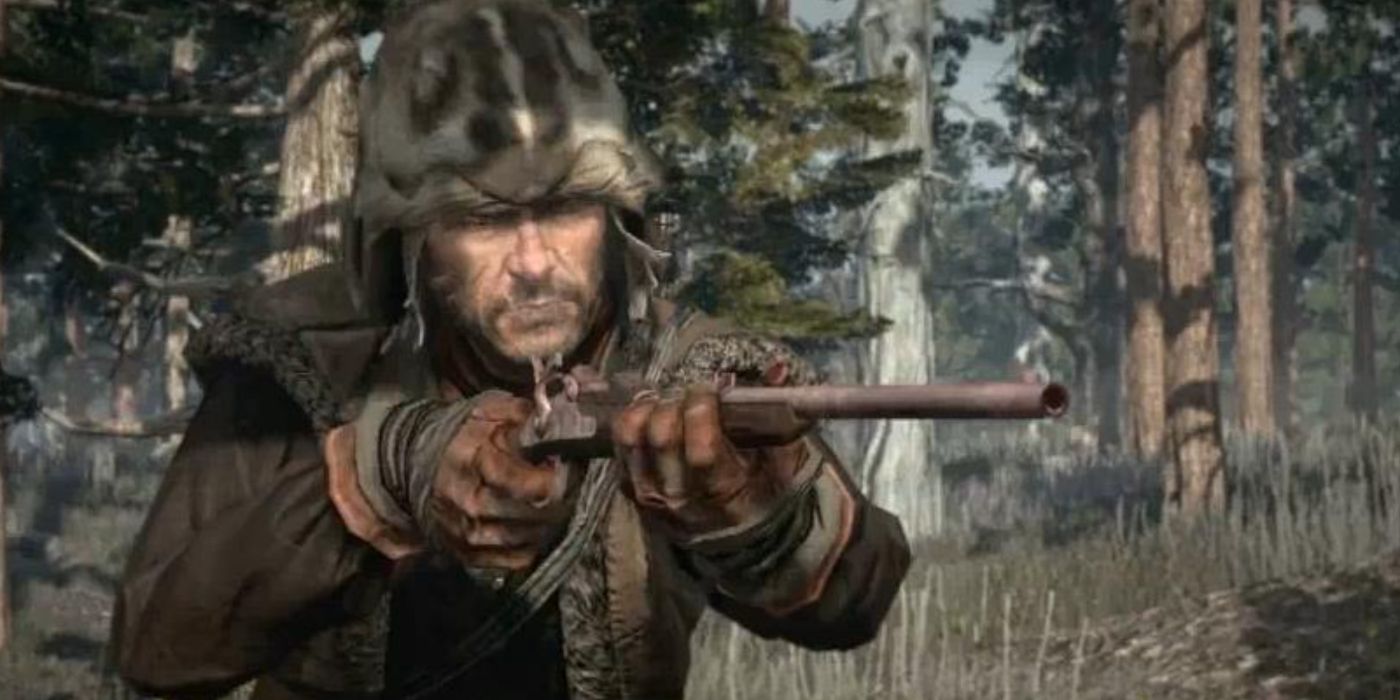 John Marston apontando seu rifle Springfield enquanto usava seu traje de caça especialista em Red Dead Redemption