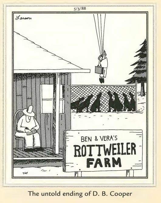 Quadrinhos de Far Side mostram DB Cooper saltando de pára-quedas em um grupo de cães