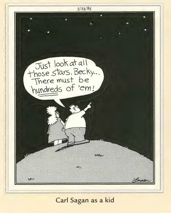 Quadrinhos de Far Side com Carl Sagan quando criança